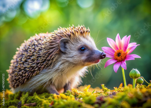 A curious hedgehog sniffs a delicate, brightly colored flower, its tiny nose twitching as it explores the intricately detailed petals and stem in nature.