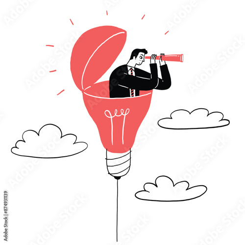 The image shows a man standing inside a light bulb. He is looking through a telescope. There are clouds around him. The man is wearing a suit.