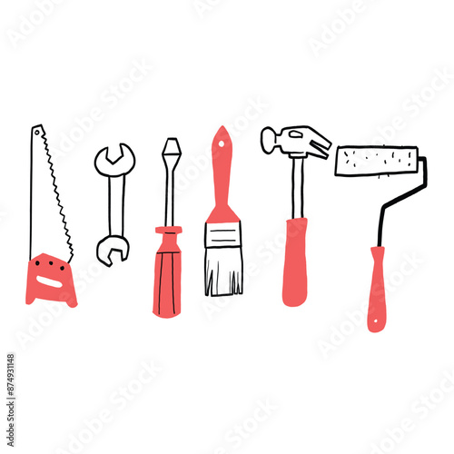 The image depicts six hand tools commonly used in various DIY and construction projects.