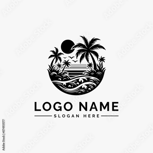 beach scenes with palm trees vector logo