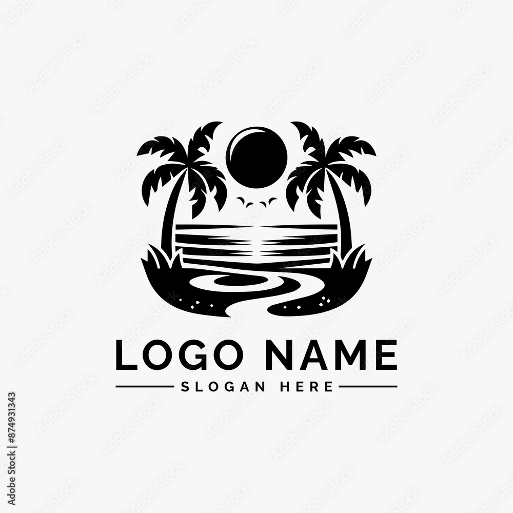 Fototapeta premium beach scenes with palm trees vector logo