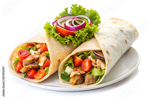 Two delicious shawarma lying on a white plate. Isolated on a white background.