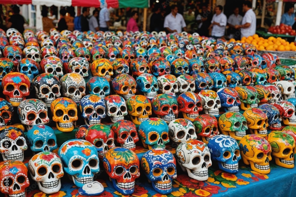 Fototapeta premium Mexican Culture Fiesta: Colorful (colourful) traditional Mexican/hispanic painted ceramic pottery Day of the Dead (Dia de los Muertos) skulls on display at a market in Mexico.