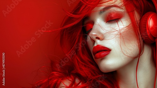 Redheaded female fashion model wearing headphones on a red background. Female. Audio, music, enjoyment, emotions, listening.   © steve