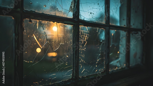 A window with a spider web on it and a broken pane