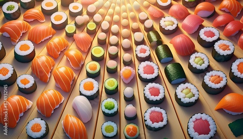 a collection of lots of sushi rolls or nigiri or maki sushi and sashimi plated attractively served photo