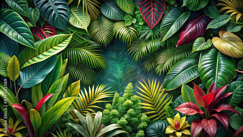 Tropical plants background with a diverse array of foliage creating a harmonious symphony , lush, green, tropical, plants Tropical plants background with a diverse array of foliage creating a harmonious symphony , lush, green, tropical, plants