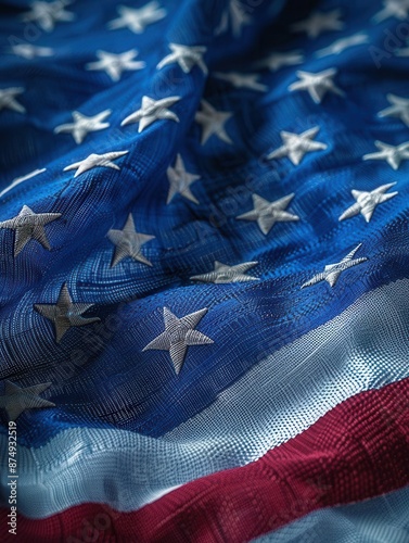 Closeup of the American flags stars, bright sunlight, detailed fabric texture, shallow depth of field, vibrant colors, symbolic and proud, slight breeze creating gentle movement