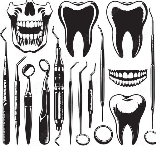 Teeth bone silhouette in one set of vector illustration style with white background