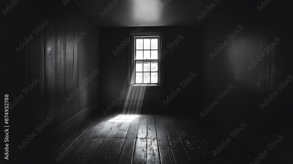 A dark room with a window and a fireplace A dark room with a window and a fireplace