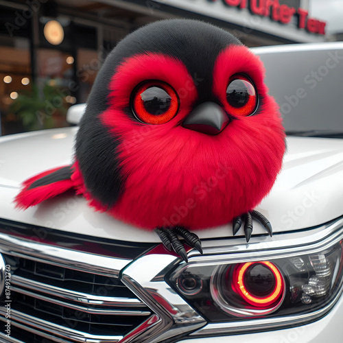 A beautiful little red bird sit on the white car.