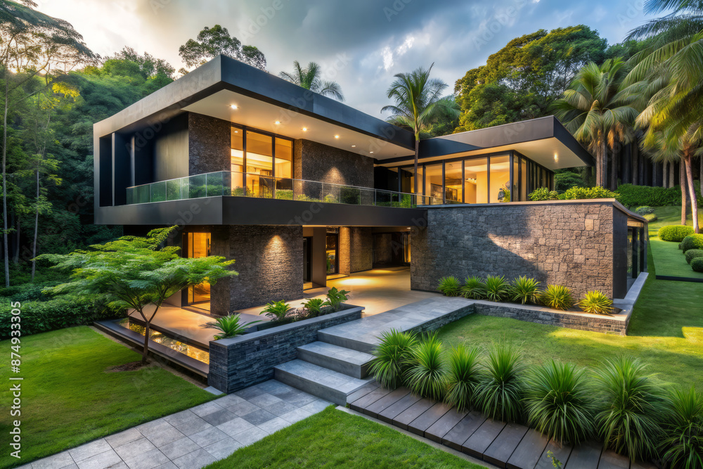 Luxurious modern villa surrounded by lush greenery, featuring sleek lines, black stone walls, and a serene atmosphere, evoking a cinematic sense of refinement and elegance. Luxurious modern villa surrounded by lush greenery, featuring sleek lines, black stone walls, and a serene atmosphere, evoking a cinematic sense of refinement and elegance.