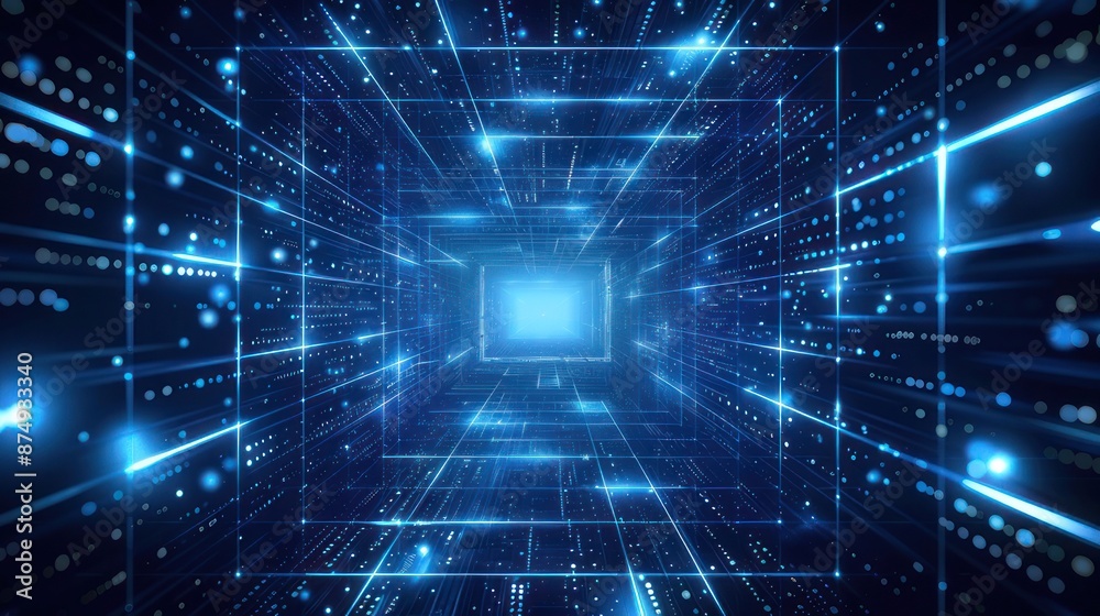Abstract futuristic background with blue digital lines and glowing dots forming an open square tunnel on a dark backdrop. Abstract futuristic background with blue digital lines and glowing dots forming an open square tunnel on a dark backdrop.