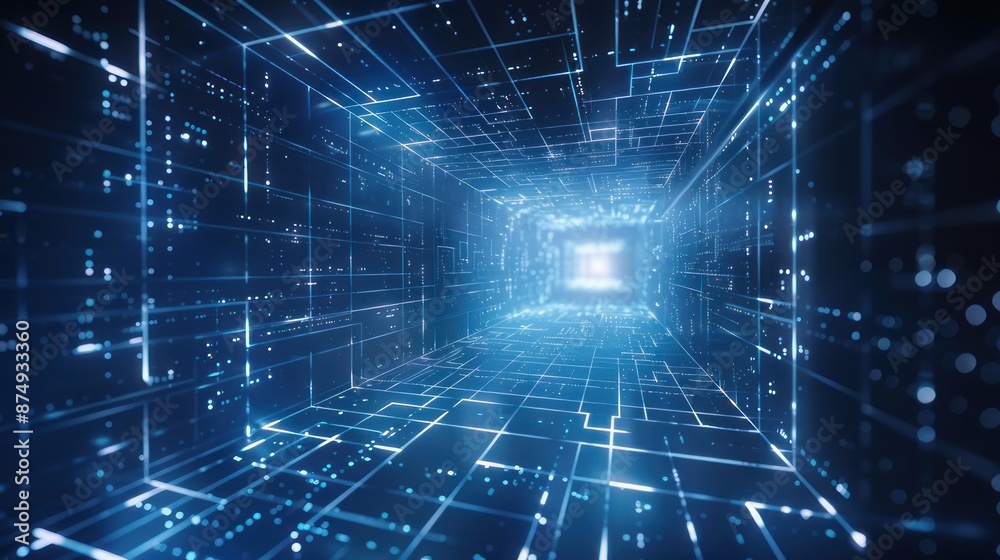 Abstract futuristic background with blue digital lines and glowing dots forming an open square tunnel on a dark backdrop. Abstract futuristic background with blue digital lines and glowing dots forming an open square tunnel on a dark backdrop.