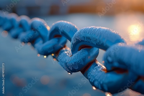 Water droplets glisten on a close-up of a chain. photo