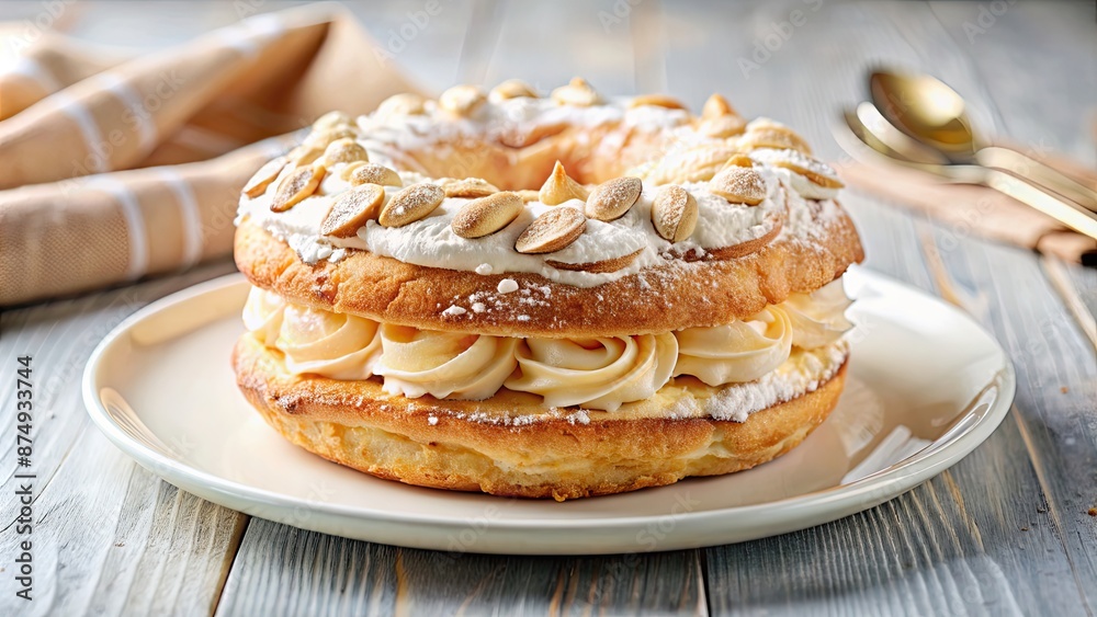 Light luscious dessert Paris-Brest Amadine on a white plate, topped with almonds and cream, Paris-Brest, Amadine, dessert, light Light luscious dessert Paris-Brest Amadine on a white plate, topped with almonds and cream, Paris-Brest, Amadine, dessert, light