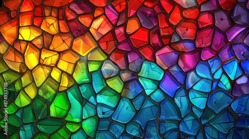 Colorful stained glass background made of broken pieces each reflecting different colors and shapes.