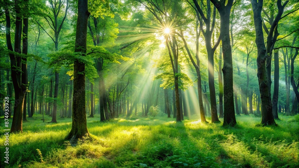 Fototapeta premium Lush green forest landscape with sunlight filtering through the trees, nature, woods, trees, foliage, wilderness, greenery