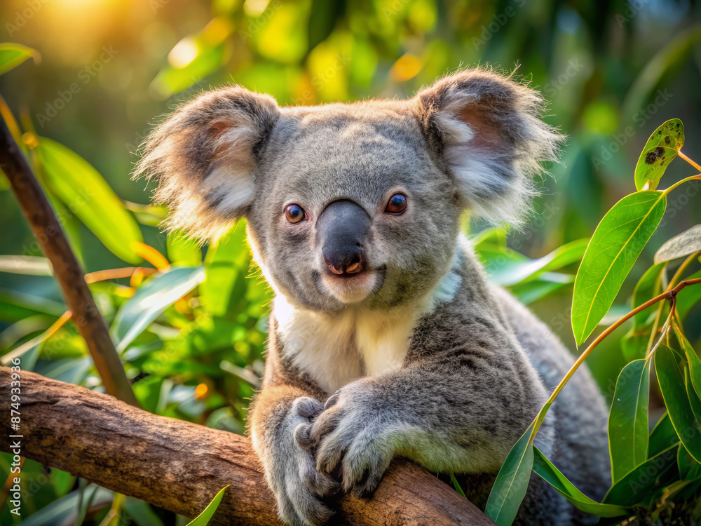 Fototapeta premium Adorable gray Australian koala lounges on a sun-kissed eucalyptus branch, gazing directly at the camera with a relaxed, endearing expression, surrounded by lush green leaves.
