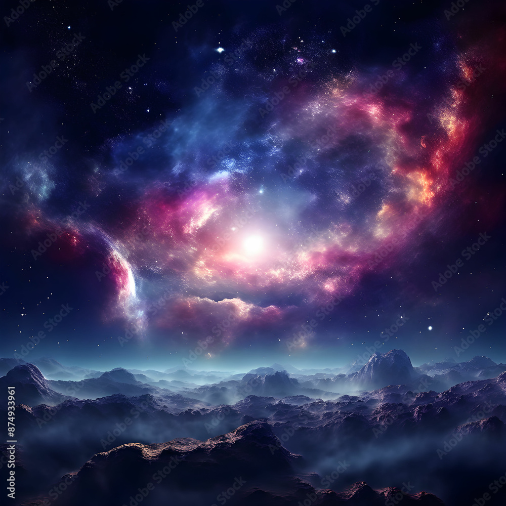 Fototapeta premium sunrise over water, galaxy, planets, sun in apace, earth, moon, solar, wallpaper, art, colours
