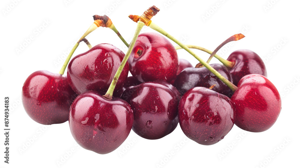 A bunch of ripe cherries with their glossy red skin, on a bright white background A bunch of ripe cherries with their glossy red skin, on a bright white background