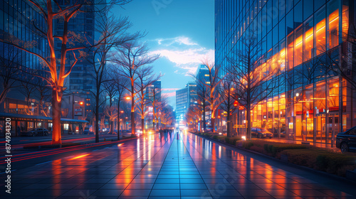 Panoramic View of a Modern Cityscape at Dusk with Skyscrapers Illuminated by City Lights and a Stunning Sunset Sky photo