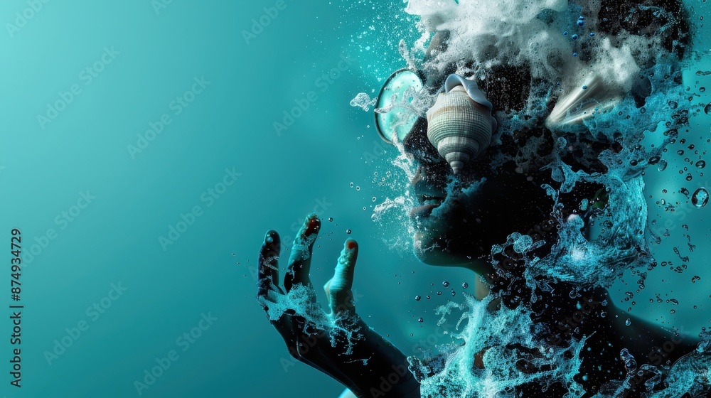 Surreal Digital Art of a Woman with Water and Shell Elements in a Dreamlike Aqua Background