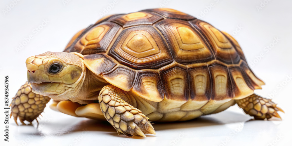 Fototapeta premium Adorable young African Sulcata tortoise with distinctive brown and yellow shell pattern poses alone on a pure white background, illuminated by soft studio lighting.