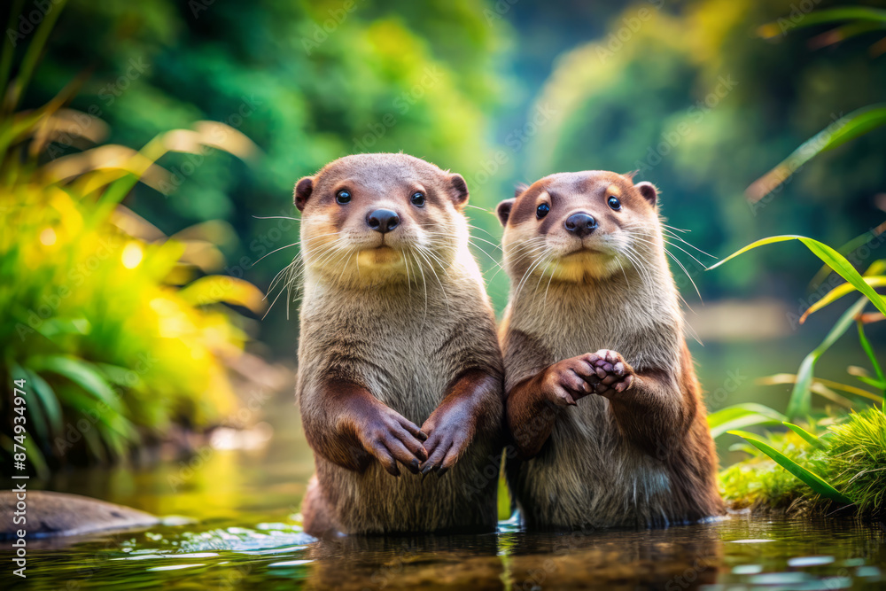 Adorable pair of otters grasp each other's paws, faces beaming with joy, surrounded by lush greenery and serene riverbank, exuding warmth and friendship. Adorable pair of otters grasp each other's paws, faces beaming with joy, surrounded by lush greenery and serene riverbank, exuding warmth and friendship.