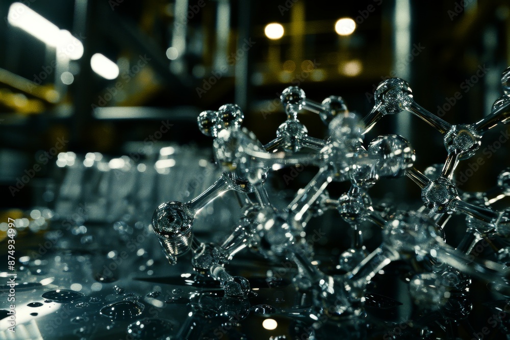 Close-up of a molecular structure in a dark laboratory creating a detailed and high-tech scientific design. Close-up of a molecular structure in a dark laboratory creating a detailed and high-tech scientific design.