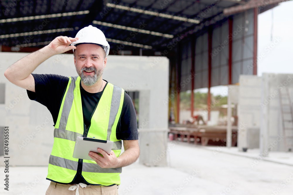Portrait of smiling senior engineer foreman with safety vest and helmet holds tablet at construction site. Elderly architect working at ground level of building site workplace Happy male mature worker Portrait of smiling senior engineer foreman with safety vest and helmet holds tablet at construction site. Elderly architect working at ground level of building site workplace Happy male mature worker