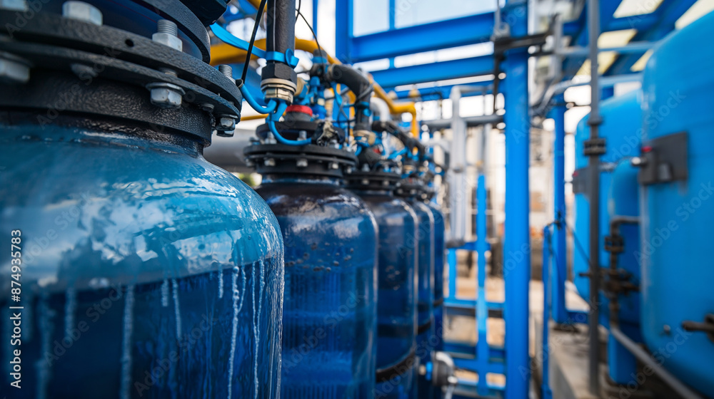 Tanks and valves of large industrial water treatment systems in drinking water production plants and boiler rooms. shiny steel metal pipe Tanks and valves of large industrial water treatment systems in drinking water production plants and boiler rooms. shiny steel metal pipe