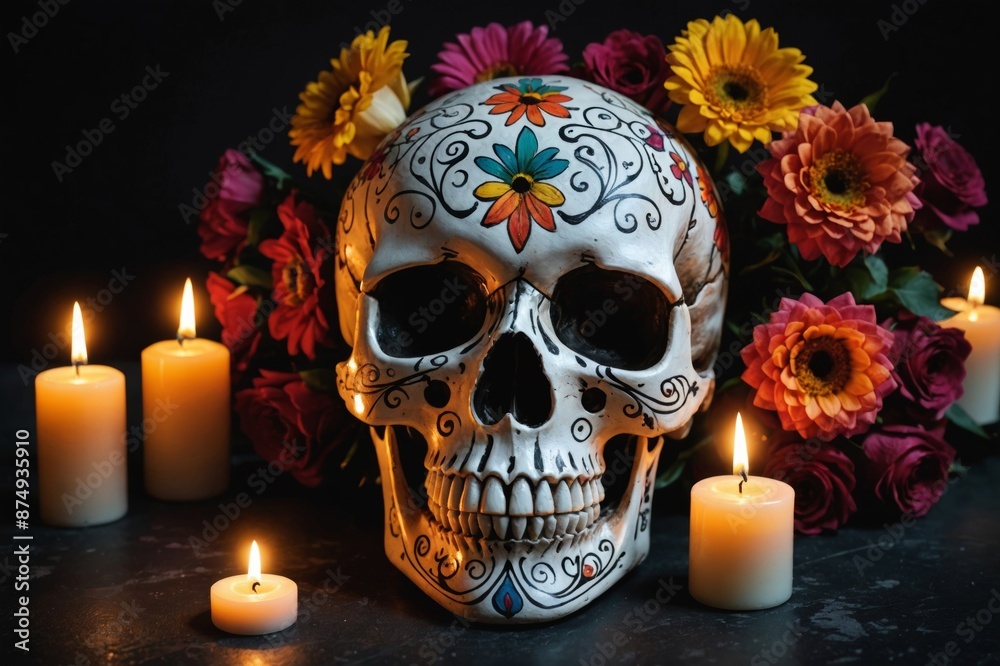 Painted human skull with burning candles and flowers for Mexico's Day of the Dead on dark background Painted human skull with burning candles and flowers for Mexico's Day of the Dead on dark background