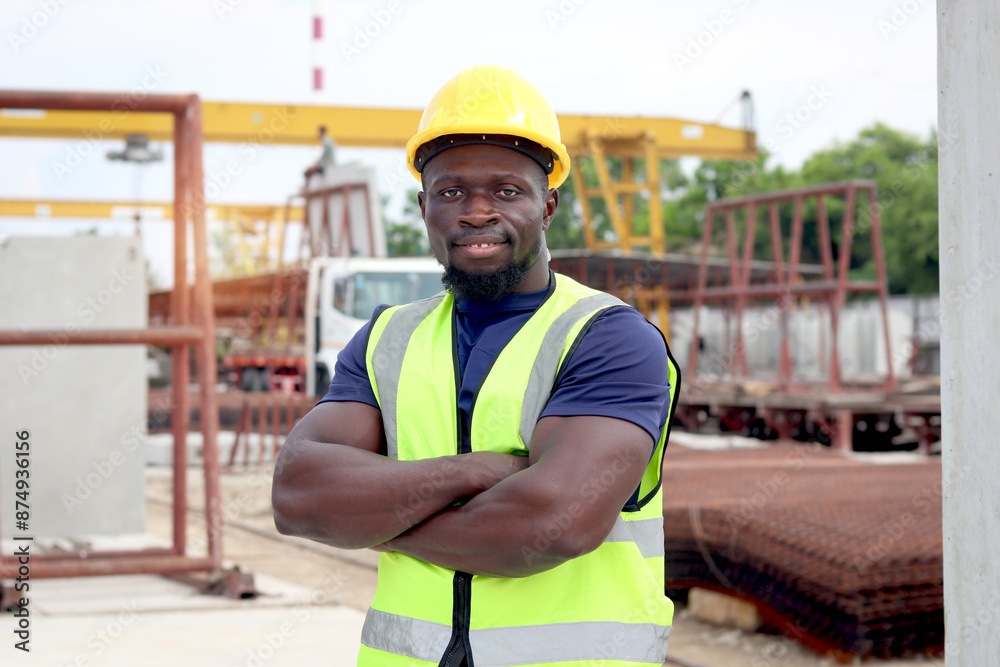 Portrait of happy smiling African engineer worker with safety vest and helmet standing with arms crossed at construction site. Young architect working at ground level of building site workplace. Portrait of happy smiling African engineer worker with safety vest and helmet standing with arms crossed at construction site. Young architect working at ground level of building site workplace.