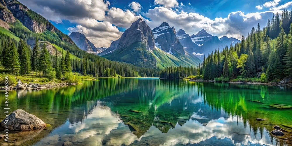Fototapeta premium Serene mountain lake surrounded by lush greenery and towering peaks, mountains, lake, nature, landscape, tranquil, scenic
