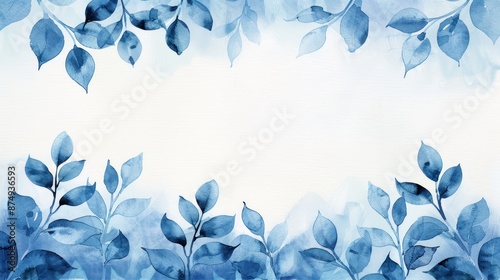 Elegant blue watercolor floral border with leaves on a light background, perfect for invitations, greeting cards, or decorative designs.