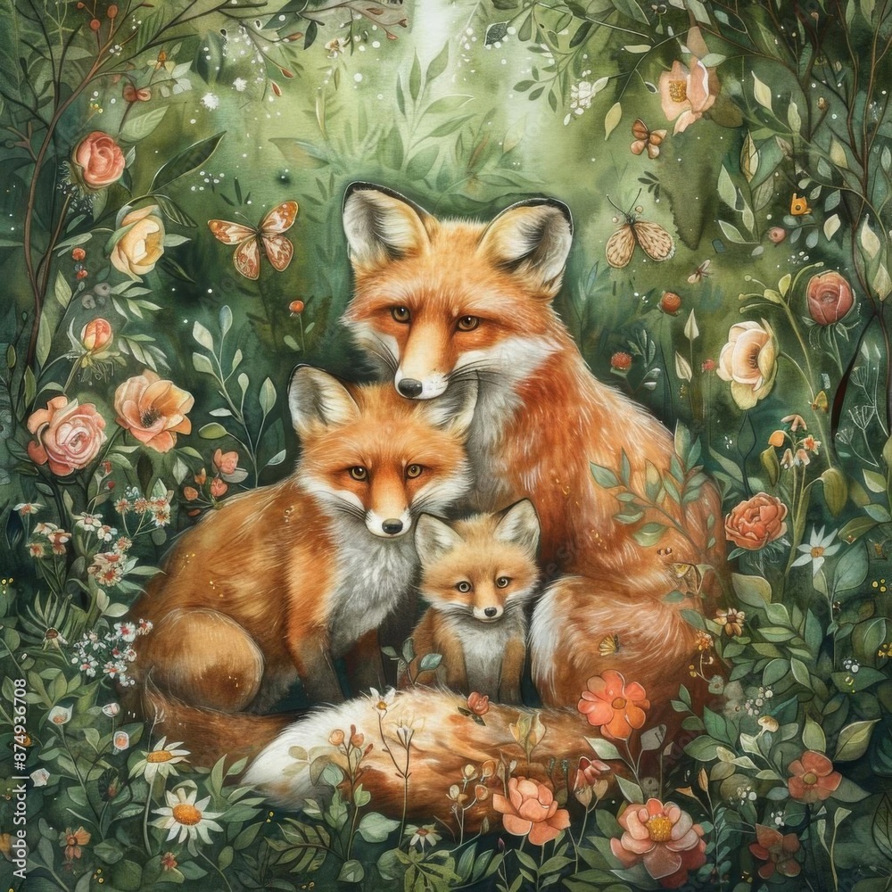 Obraz premium A family of foxes in a lush green forest