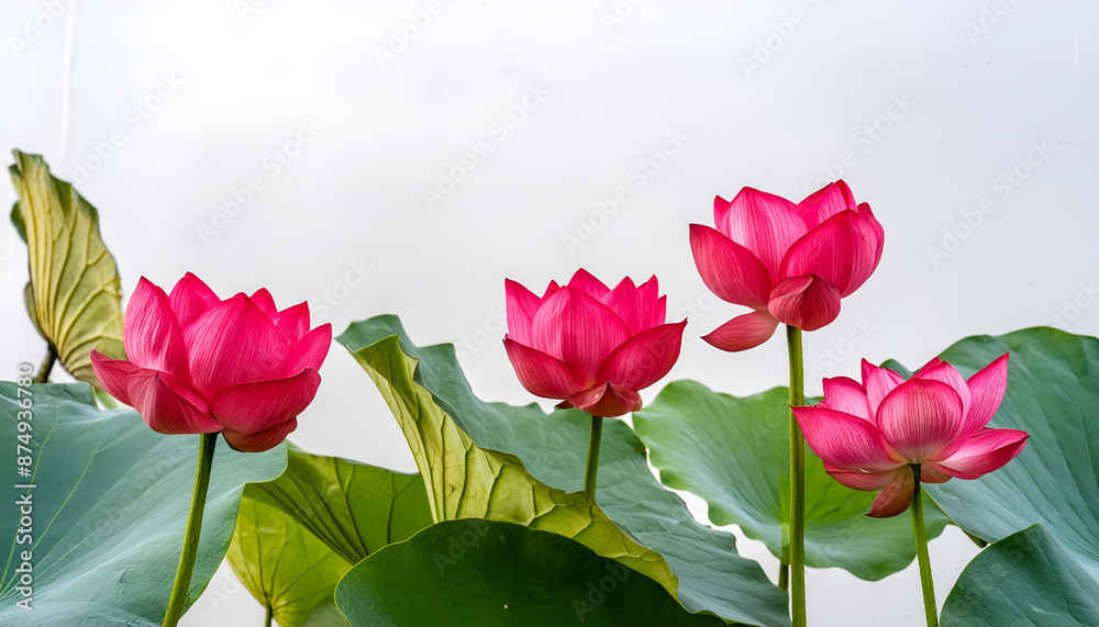 Four Pink Lotus Flowers Blooming in a Pond on a Sunny Day