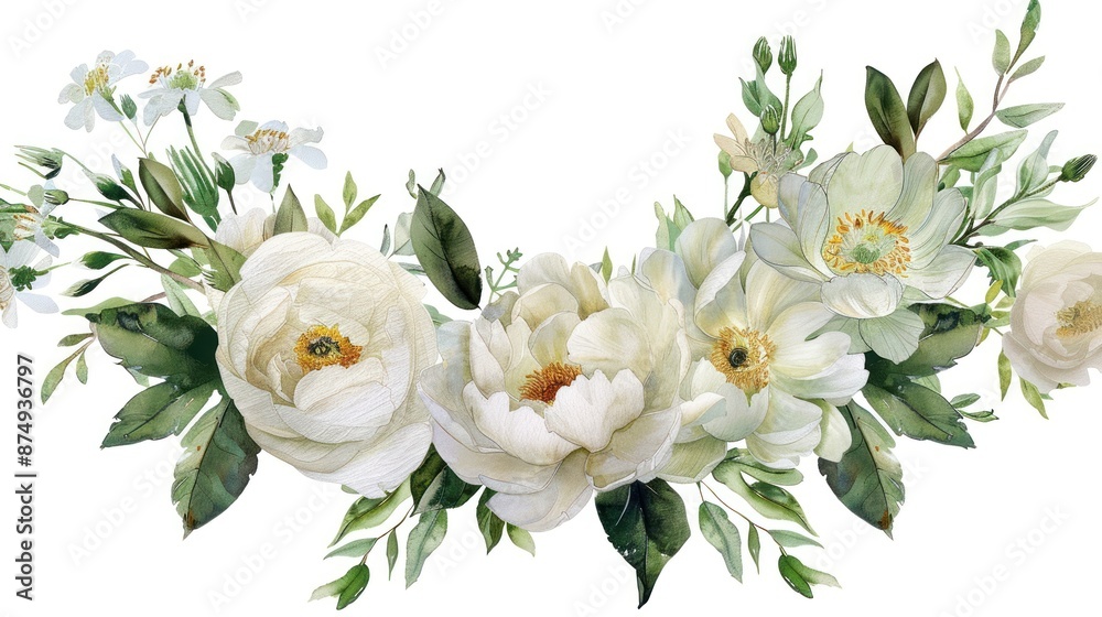 Fototapeta Elegant watercolor floral border featuring white peonies and green foliage, perfect for wedding invitations and graphic designs.