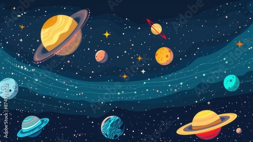 Fototapeta Naklejka Na Ścianę i Meble -  Vector flat illustration of the solar system with all planets and rings, in a cartoon style.