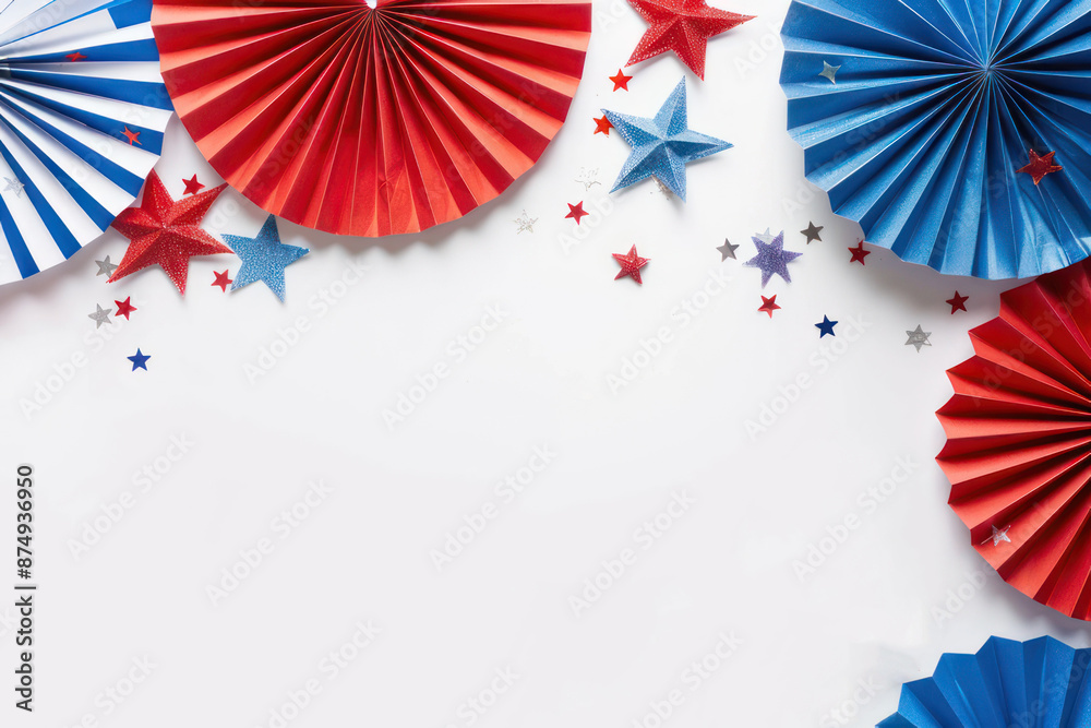 Obraz premium 4th of July USA celebrations on white background with copy space, red blue and white striped paper fans.