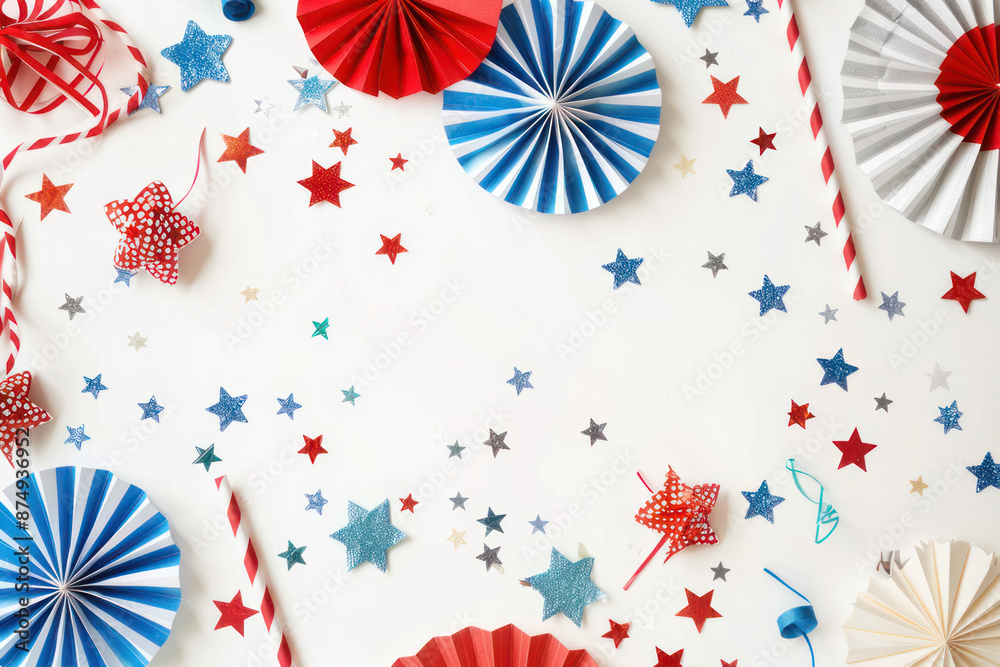 Obraz premium 4th of July USA celebrations on white background with copy space, red blue and white striped paper fans.