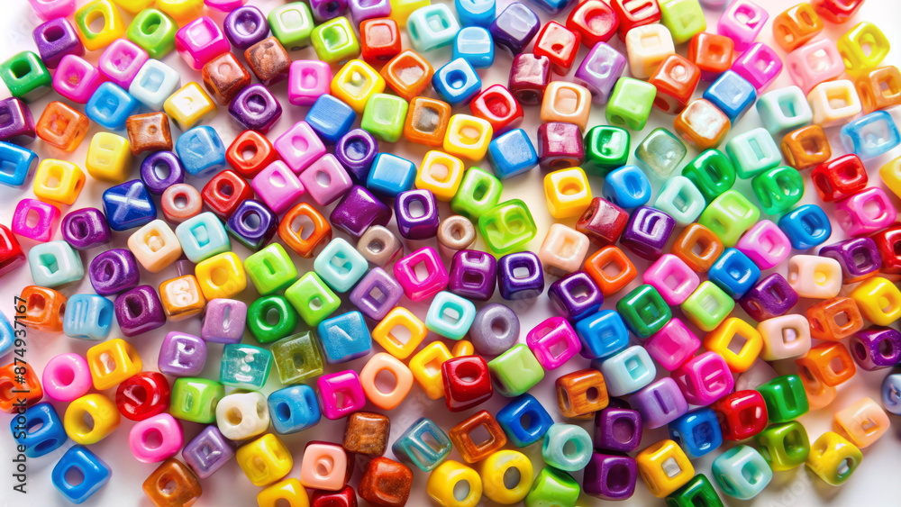 Colorful plastic beads in alphabetical shapes from A to Z are scattered and isolated on a clean white background, creating a fun and educational still life composition. Colorful plastic beads in alphabetical shapes from A to Z are scattered and isolated on a clean white background, creating a fun and educational still life composition.