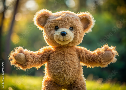 Adorable, fuzzy teddy bear stands alone, outstretched arms awaiting affection, its loving gaze and endearing posture evoke a sense of warmth and companionship. © Sirinporn