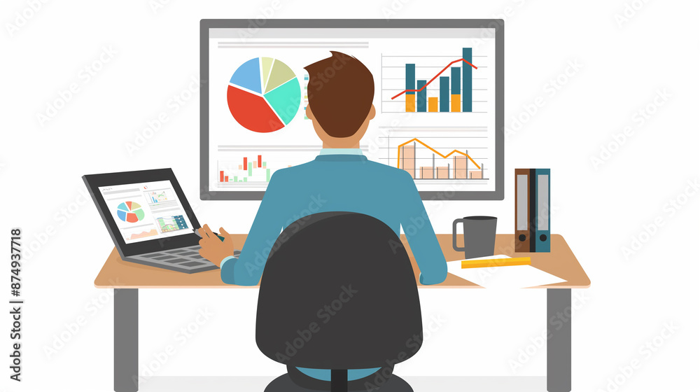 Vector illustration Businessman analyzes business graphs and SEO on the monitor. Data analysis and development statistics. Measurement. Technology, statistical indicators, and data on diagrams.