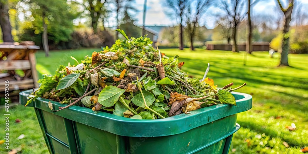 Green garden waste in bin during spring garden cleaning, spring, garden, waste, green, bin, cleaning, compost, recycle