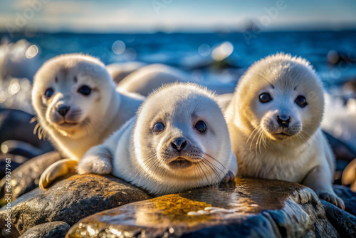 Adorable baby seals lounge on a rocky shoreline, their fluffy white fur glistening in sunlight as they bask in the warm coastal breeze. photo