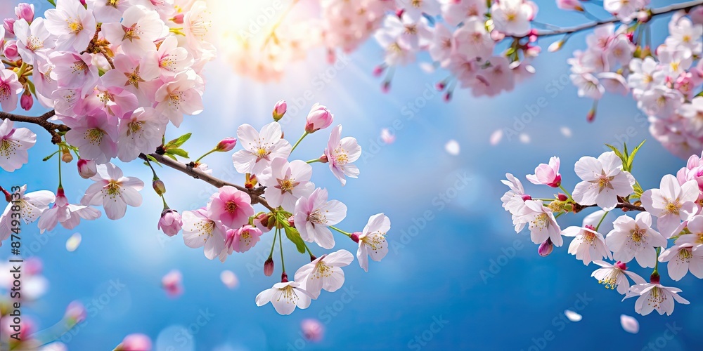 of cherry blossoms in full bloom with petals dancing in the blue sky, cherry blossoms, full bloom, petals, dancing, blue sky