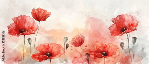 Vibrant red poppy flowers on pastel watercolor background, delicate artistic nature portrayal.