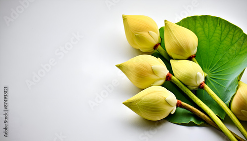 Five Yellow Lotus Buds With Green Leaf on White Background